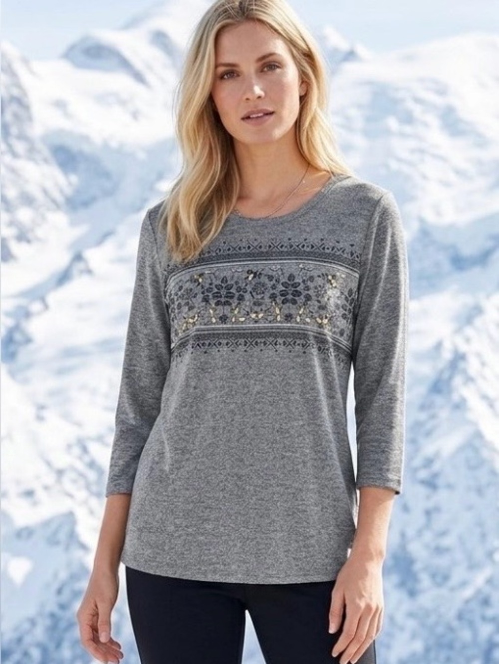 Women's Gray Long-Sleeve Embellished Knit Top